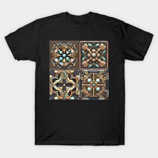 Celtic, Turquoise and Gold, Black Leather Tile Design T-Shirt